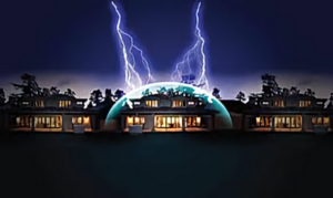 A safe home equipped with a lightning rod system during a thunderstorm